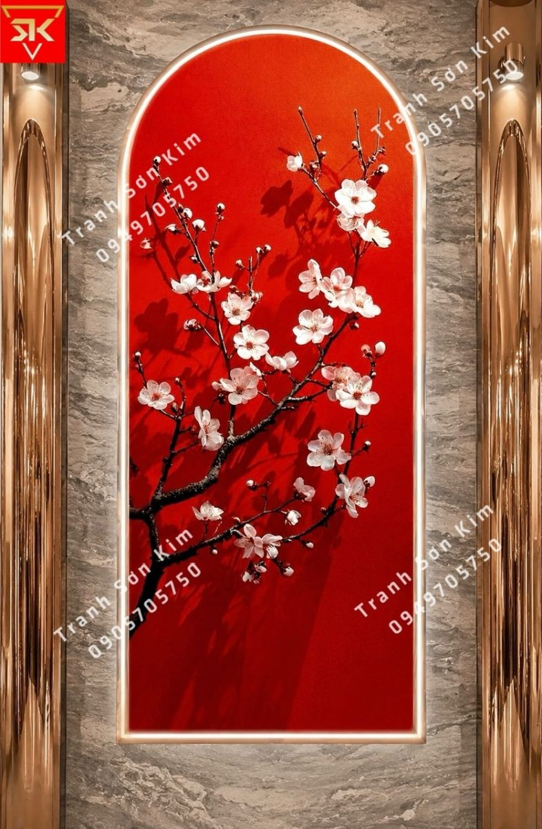tranh dán tường hoa nền đỏ