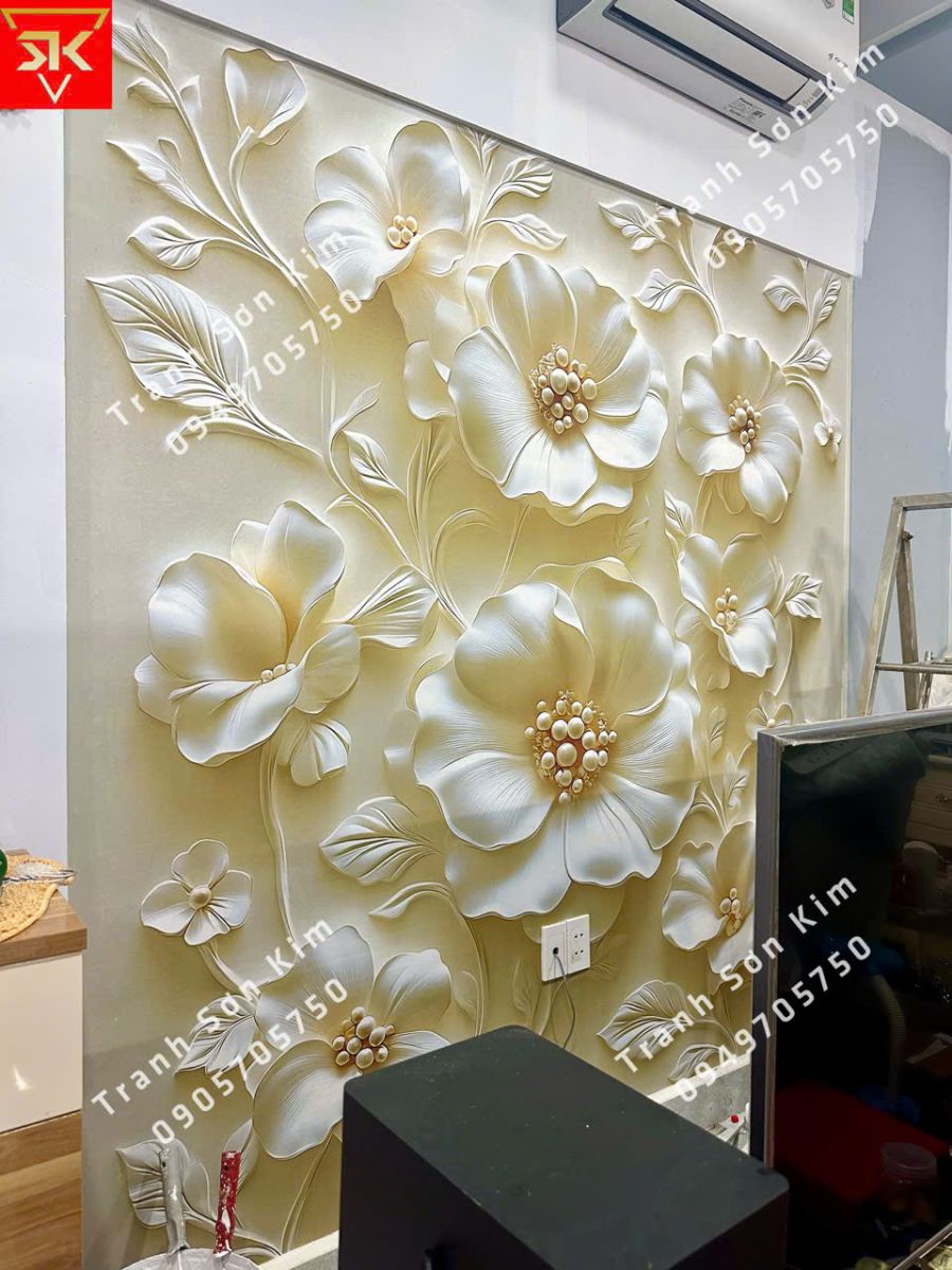Thi công tranh dán tường hoa 3D điểm nhấn phòng ngủ