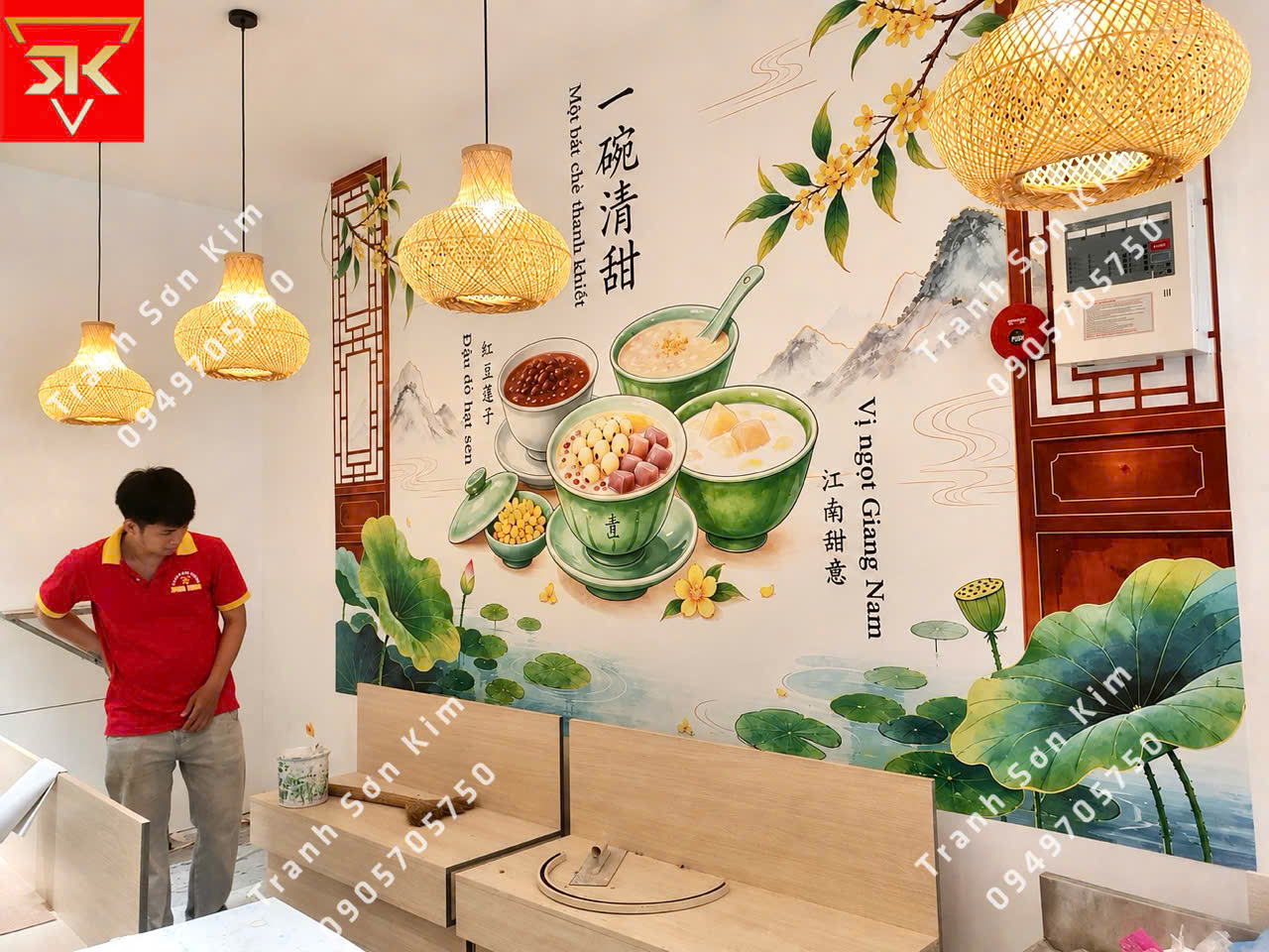 tranh dán tường quán chè trung hoa