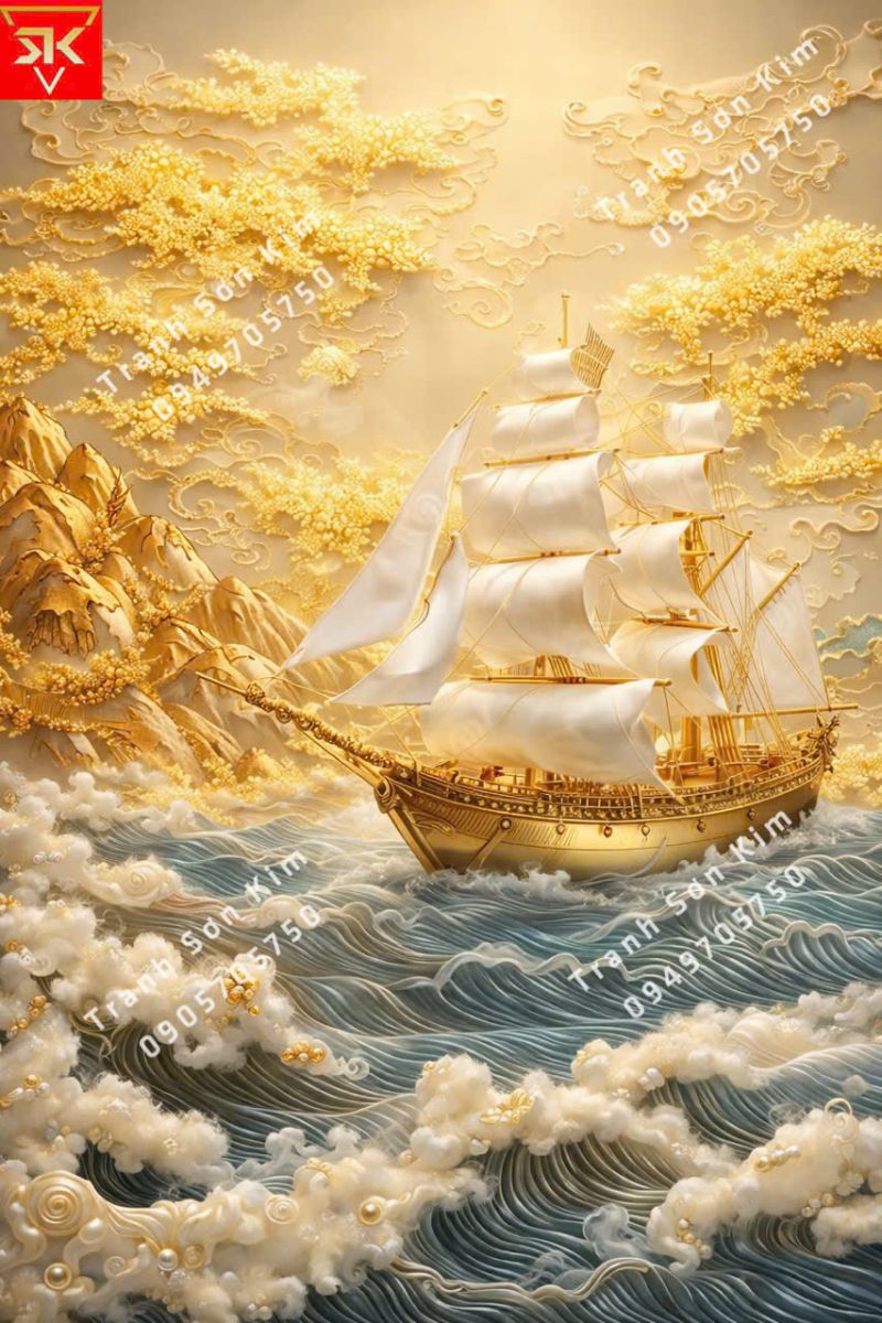 tranh thuận buồm nền vàng